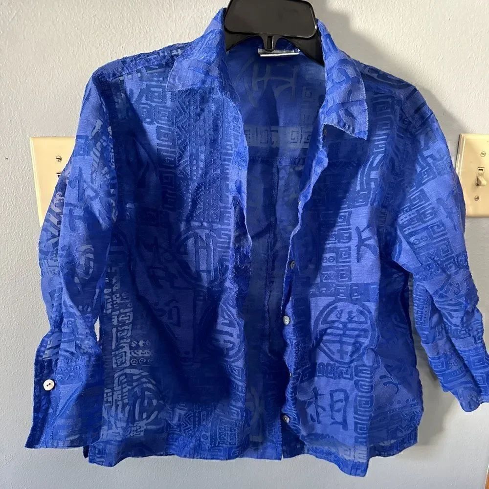 Chico's Design Linen Nylon Button Down Printed Collar Top Size 0 Large